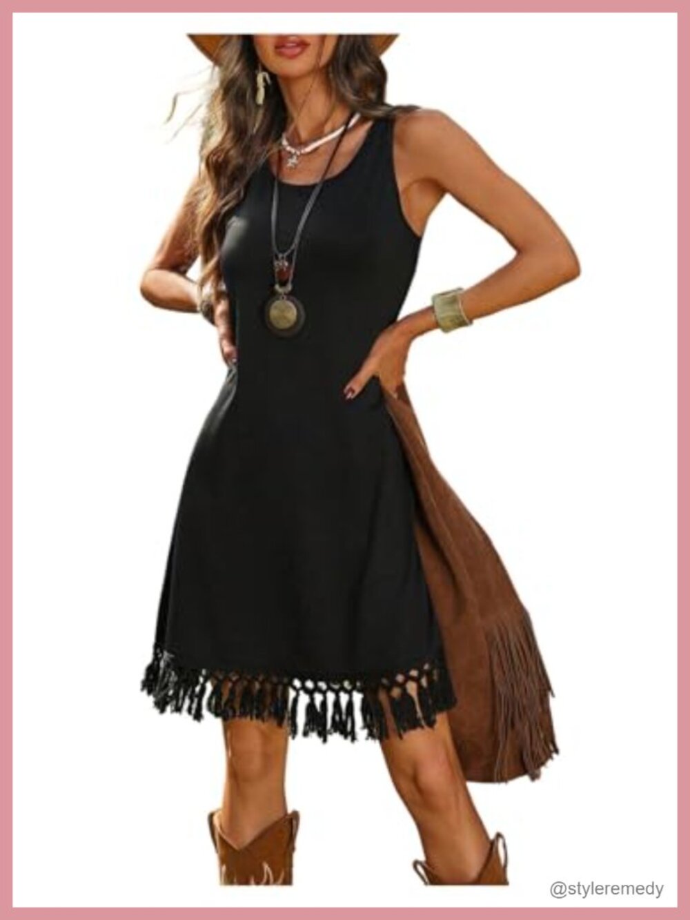 Western Fringe Sleeveless Scoop Neck Mini Dress Tassel Trim Cowgirl